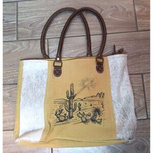 Myra Canvas Cowhide Fur Purse Double Handle Shoudler Bag, Cactus Print Brown